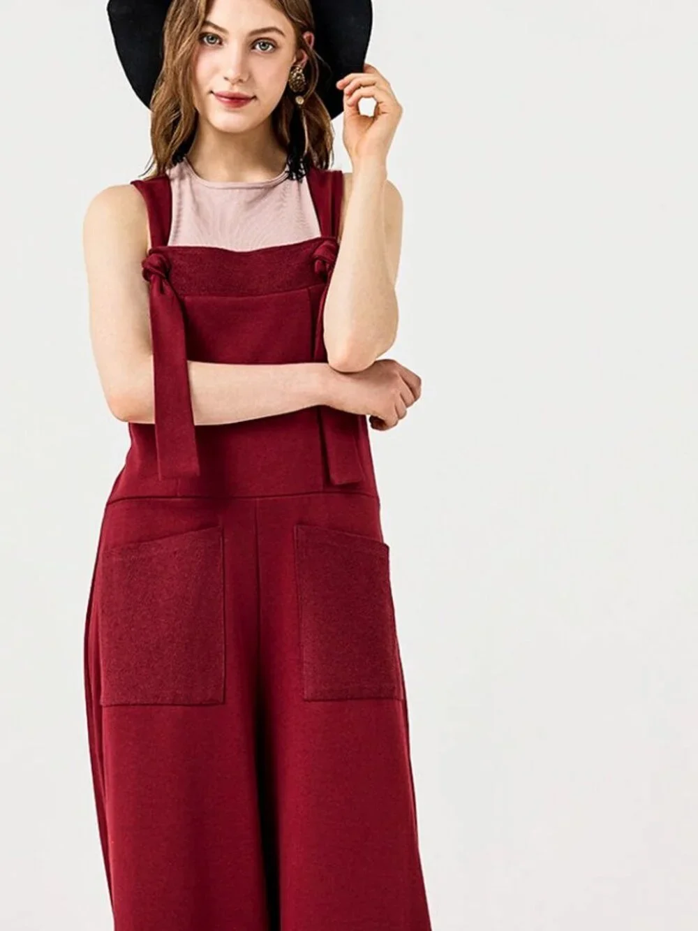 B47 French Terry Adjustable Straps Overall Jumpsuit Wide Leg Boho NEW Burgundy - Picture 4 of 4